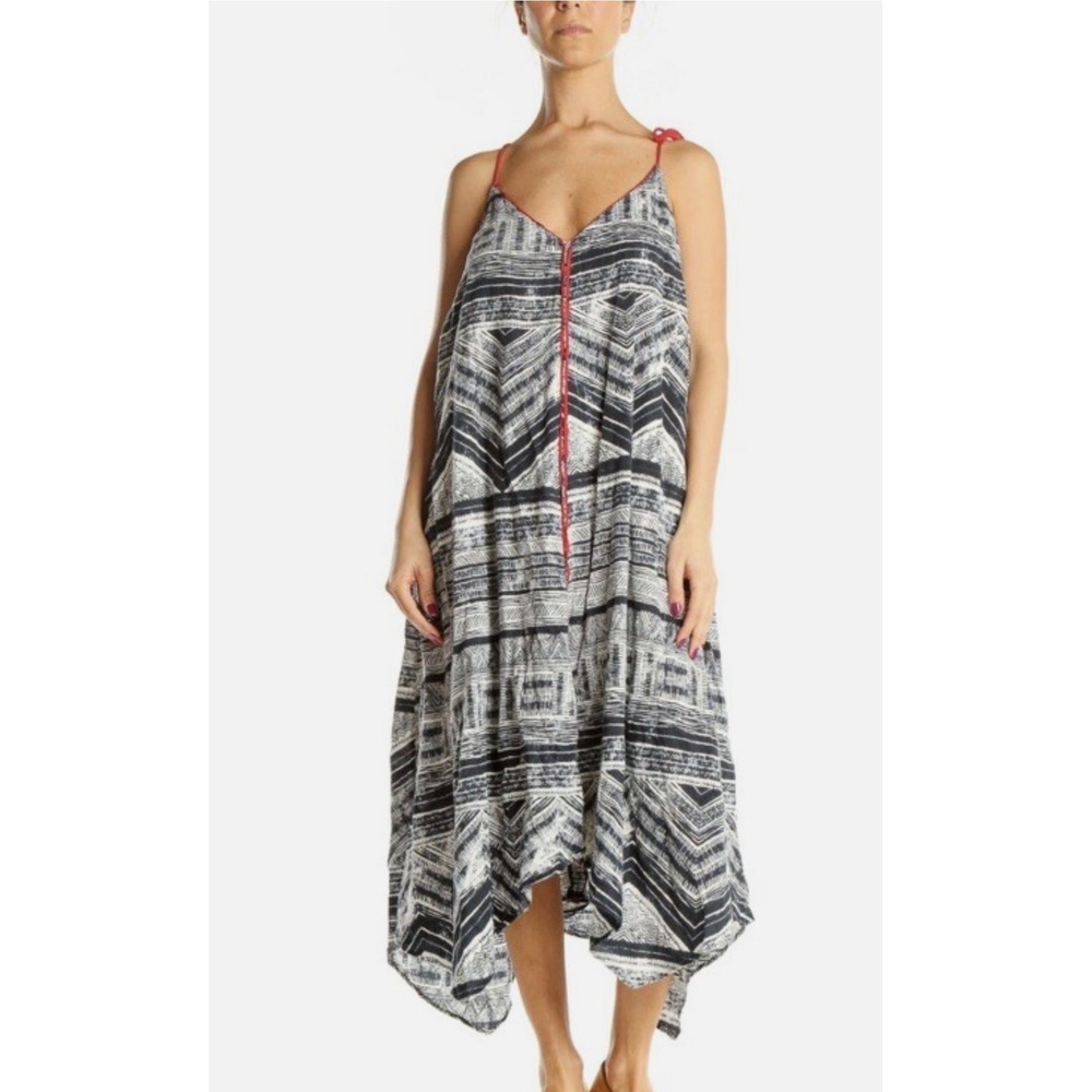Akemi + Kin Womens XS Black White‎ Tribal Print Handkerchief Hem Midi Dress Red